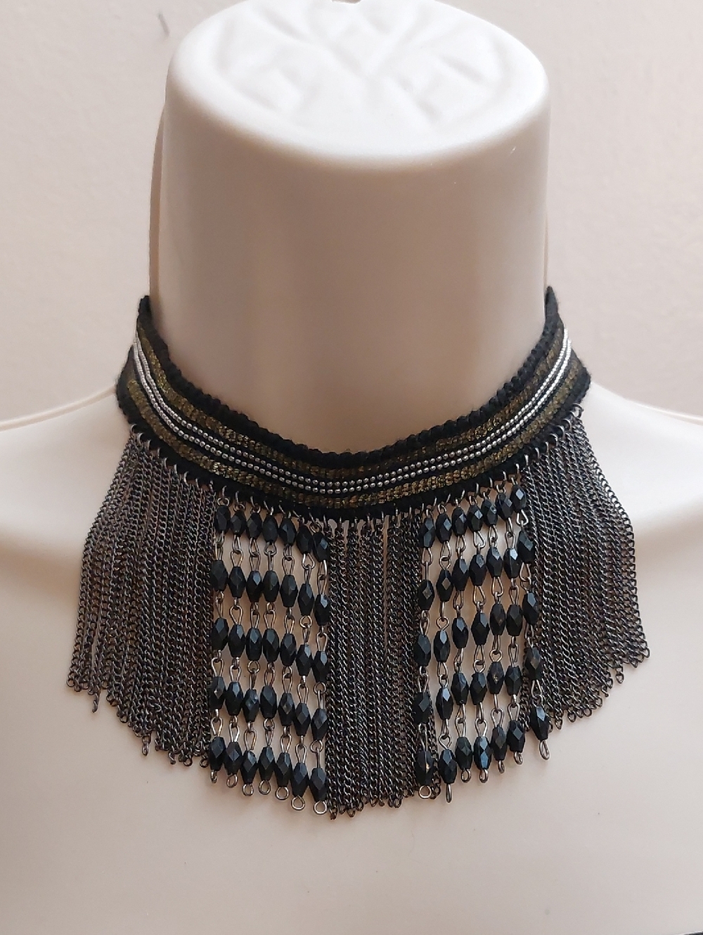 Goth Bohemian Black & Silver Beaded Chain Fringe Choker Statement Necklace